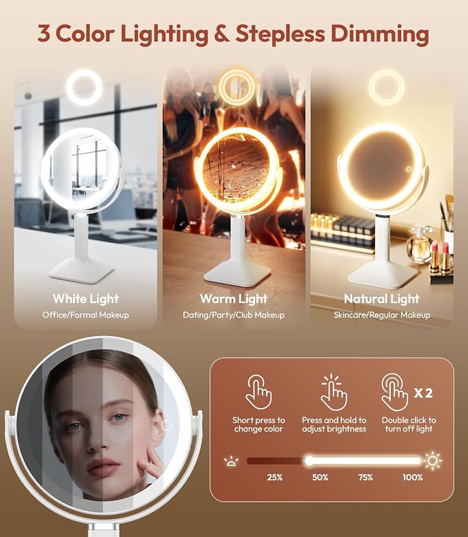 Lighted Makeup Mirror with Lights, Height Adjustable 30X Magnifying Vanity Mirror with 4000mAh Rechargeable Battery & 3 Colors Dimming Light for Desktop Bathroom Bedroom