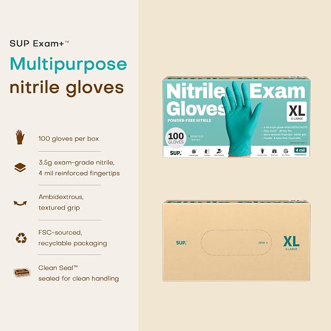SUP Powder-Free Nitrile Exam Gloves, 100 Count Food Safe Latex-Free Disposable Gloves for Medical Lab Cooking Cleaning, Teal