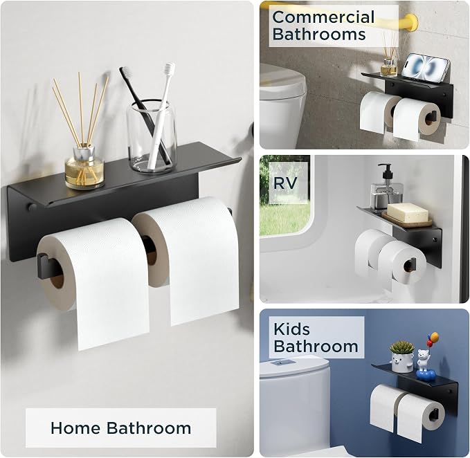 FORIOUS Toilet Paper Holder with Shelf, Commercial Toilet Paper Dispenser | Matte Black 2 Pack | SUS304 Stainless Steel Wall Mount Double Bathroom Tissue Roll Holder for Hotel, Apartments, etc