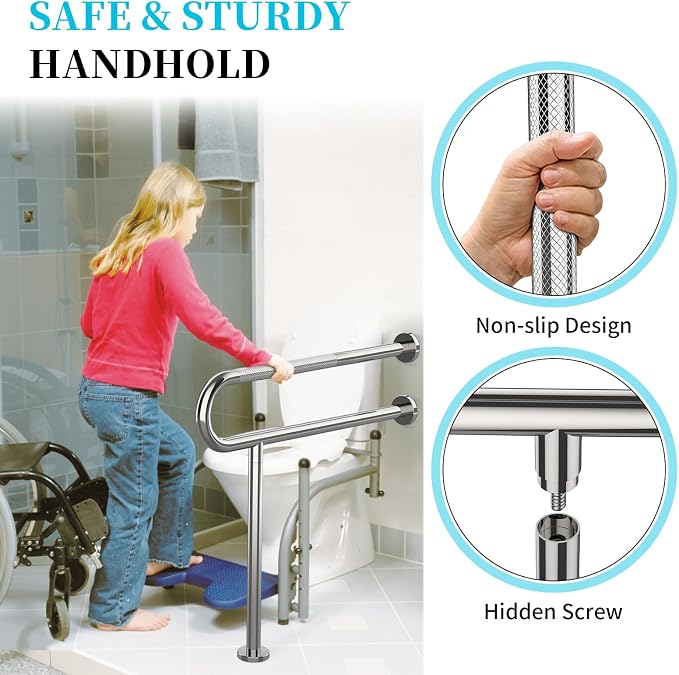 Toilet Support Rail 32 Inch, Munzong Anti-Slip Chrome Handicap Floor Rails | Bathroom Stainless Steel Knurled Safety Handrails with Leg for Elderly Disabled Pregnant-1.25’Tube