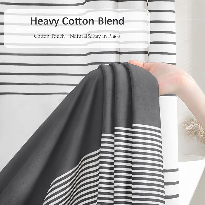 Dark Grey Farmhouse Cotton Striped Shower Curtain with Tassel 72"W X 72"L | Boho Farmhouse Shower Curtains for Bathroom with Soft Cotton Feel