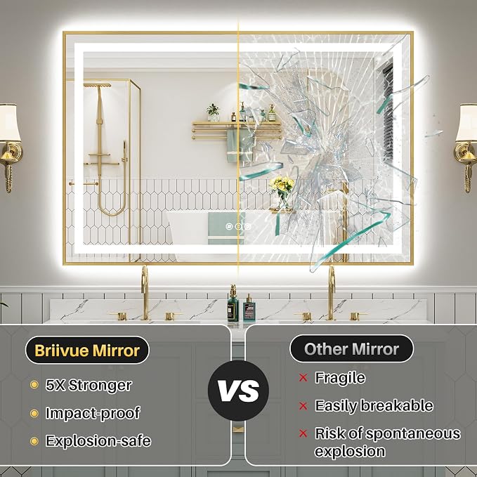 96X36 Inch LED Bathroom Mirror with Gold Frame, Backlit & Front Lit | Anti-fog, 3 Color Dimmable, Memory Function, HD Reflection Tempered Glass, ETL Listed, IP54 Waterproof