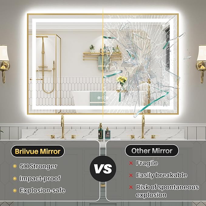 28x36 Inch LED Bathroom Mirror with Gold Frame, Backlit & Front Lit | Anti-fog, 3 Color Dimmable, Memory Function, HD Reflection Tempered Glass, ETL Listed, IP54 Waterproof