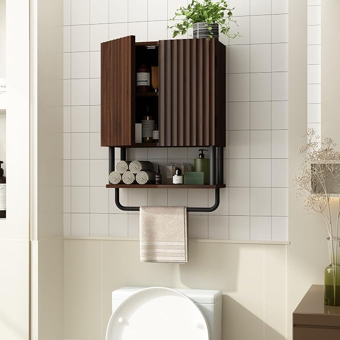 RUSTOWN Fluted Bathroom Wall Cabinet with 2 Doors, 3-Tier Medicine Cabinet | Modern Farmhouse Wall Mounted Cabinets, Over The Toilet Storage Cabinet, Adjustable Shelf and Towel Bar, Small