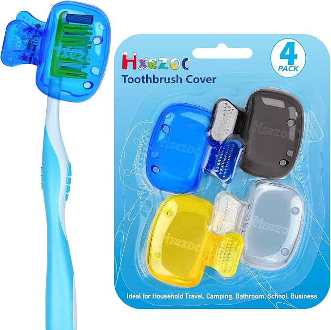 Hxezoc 4 Pack Toothbrush Covers Toothbrush Holders Portable Toothbrush Protector Cap Brush Pod Case Protective Plastic Clip for Household Travel, Camping, Bathroom, School, Business