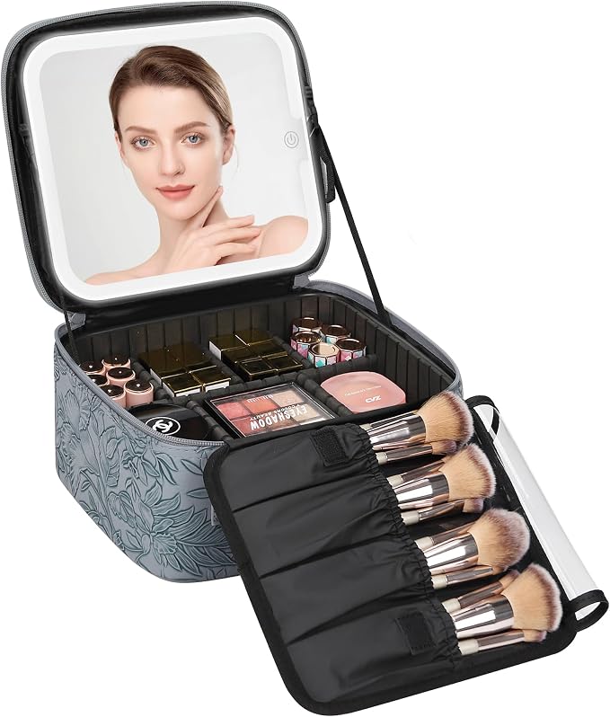 Relavel Travel Makeup Bag With LED Mirror for Women, Butterfly | Rechargeable Cosmetic Organizer with Adjustable Brightness in 3 Color Scenarios, Detachable Dividers, Waterproof Train Case