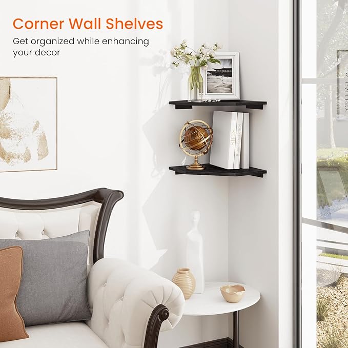 Corner Shelf Wall Mount, Set of 2 Corner Floating Shelves with Wire Hole for TV, Cable Box, Wood Hanging Storage Shelf Organizer for Bathroom Kitchen Living Room Bedroom, Black
