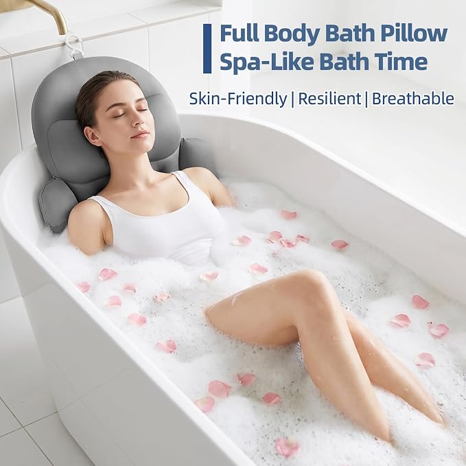 Full Body Bath Pillow for Tub, Ergonomic Head Neck Back Support | Thick Tub Pillow with 192 Non-Slip Suction Cups, luxury spa bathroom tub pillow headrest with Laundry Bag, 56"x16" Grey