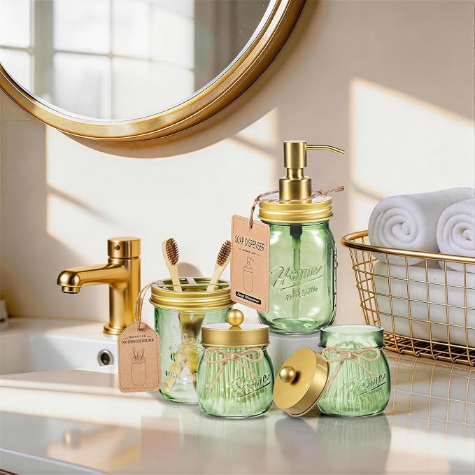Amolliar Green Glass Bathroom Accessories Set, 4Pcs Mason Jar Bathroom Set | (Gold)Lotion Soap Dispenser, Toothbrush Holder, 2 Qtip Holders, Bathroom Countertop Storage, Bathroom Home Decor Organizer