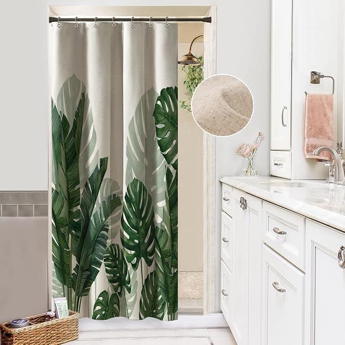 Baccessor Linen Shower Curtain 36 W X 72 L Inch Tropical Green Leaf Shower Curtains Botanical Banana Monstera Leaf Palm Tree Water Repellent Heavy Duty Small Stall Shower Curtain for Bathtubs Hotel