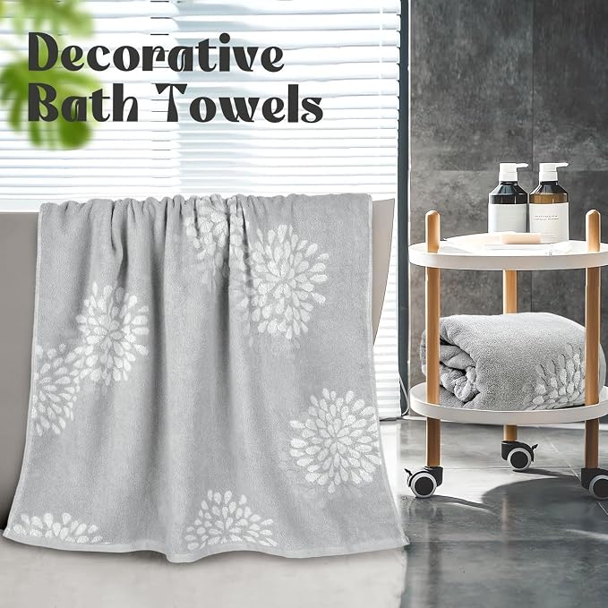 Jacquotha Decorative Bath Towels Set of 2 (Light Grey) - Large 55” x 28” | Hydrangea Floral Jacquard, Guest Room & Bathroom Decor, Cotton