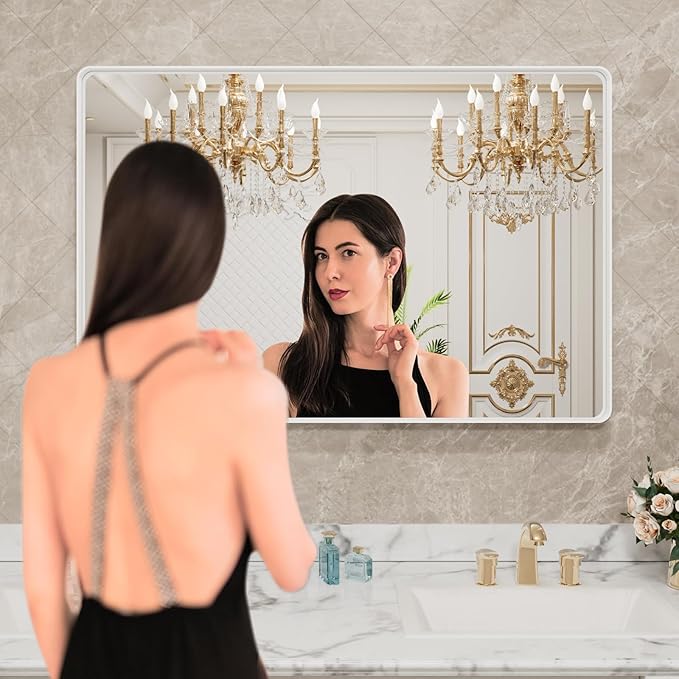 LOAAO White Metal Framed Bathroom Mirror, 48x30 Inch | Rounded Rectangle, Anti-Rust, Tempered Glass, Hangs Horizontally or Vertically