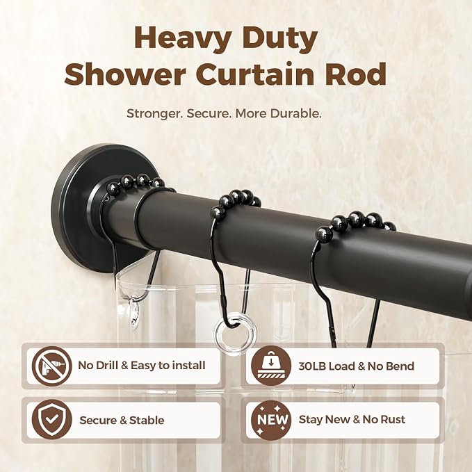 HYSEYY Heavy Duty Shower Curtain Rod,26-80inch Adjustable Tension Rod Black | No Drilling Shower Rods for Bathroom, 1" Diameter Spring Tension Curtain Rod, Non Slip Rust Proof Curtain Rod for bathtubs