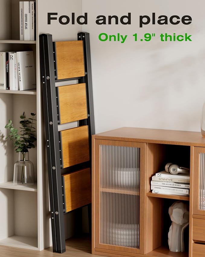 Taranta 4 Step Stool Foldable,Aluminum Step Ladder-BlackWoodgrain | Lightweight,Wide Anti-Slip Pedals,Folding Step Stool,330lbs Capacity Stepladder for Household,Kitchen,Office