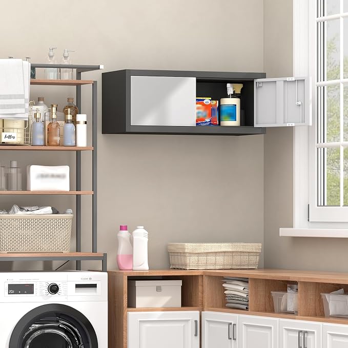 Metal Wall Cabinet with Doors,Garage Storage Cabinet Wall Mounted,Lockable Cabinets for Home Office,Garage,Warehouse,Grey-Black