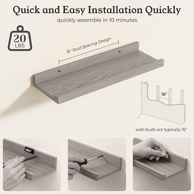 White Picture Ledge Shelves for Wall, 4.5" Deep Wood Floating Shelves with Lip for Bedroom, Living Room, 13.7" Width, Color White Set of 2
