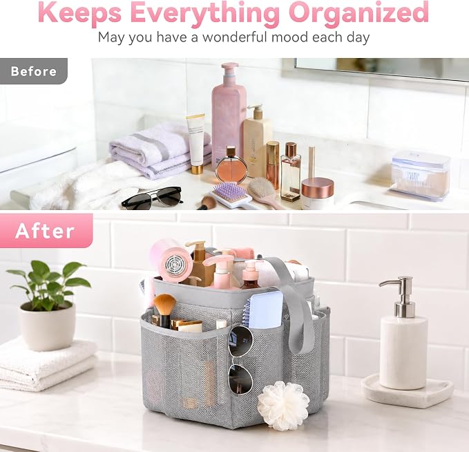 Mesh Shower Caddy Portable for Dorm College Room Essentials, 8-Pocket Large Shower Bag with Single Handles, Hanging Shower Basket for Beach, Swimming, Bathroom, Beach, Grey