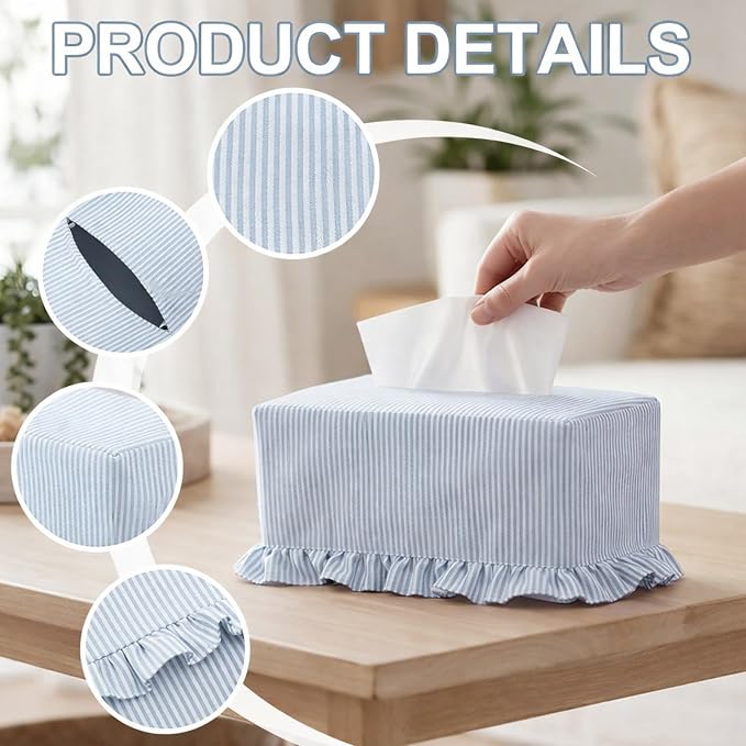 Sawysine Fabric Coastal Tissue Box Cover Rectangular Light Blue White Linen Tissue Box Cover Decorative Beach Napkin Holder for Home Bedroom Living Room Bathroom Office Kitchen, 9.8 x 5.4 x 4.2 Inch