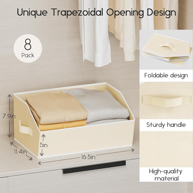 Large Closet Organizers and Storage Bins - 10 Pack Trapezoid Storage Baskets for Shelves, Foldable Fabric Basket with Handles Ideal for Closet, Basket, Wardrobe and Shelf Storage, Beige