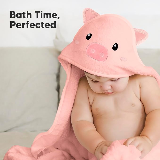 KeaBabies Hooded Baby Towel for Newborn, Baby Bath Towels (Piglet, 35x35) | Viscose Derived from Bamboo, Large Baby Towels with Hood, Boys, Girls, Toddler, Soft Absorbent Baby Bath Essentials