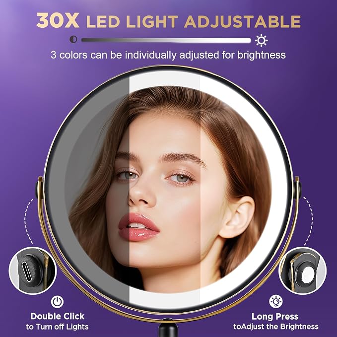 30x Magnifying Mirror with Light, Matte Black with Gold Trim | Makeup Mirror with 3 Color Light & Brightness Adjustable, 5000mAh Rechargeable Vanity Mirror, Modern Style Side Touch+Charge