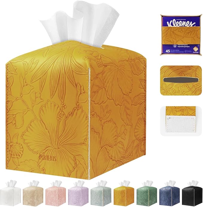 Square Tissue Cube Cover PU Leather Tissue Organizer with Bottom Belt for Bathroom, Tabletop, Kitchen, Night Stands, Office, Home, Car (RetroYellow)