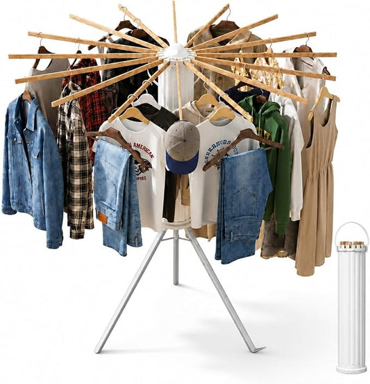 Clothes Drying Rack Foldable, Portable Laundry Drying Rack for Clothes with 16 Wooden Rods & 48 Windproof Slots, Collapsible Tripod Dry Rack for Apartment, RV, Balcony