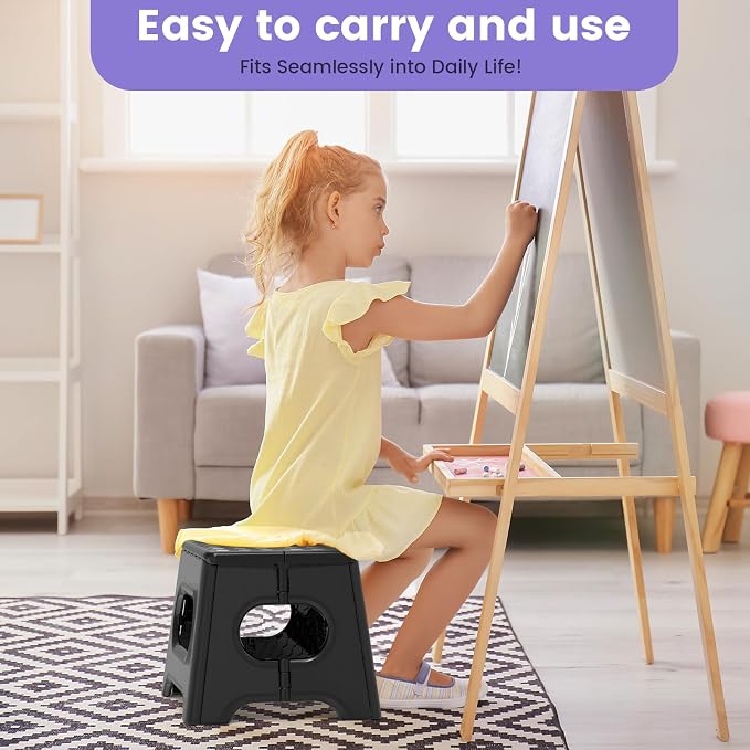 HBTower Folding Step Stool 9 Inch, 600 LBS Capacity with Safety Lock, Black | Compact Step Stool Foldable for Kids & Adults, Portable Carry Handle, Collapsible Foot Stool, Kitchen, Bathroom & Outdoor