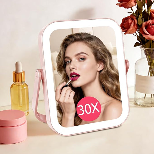 FUNTOUCH 3000mAh Rechargeable Travel Magnifying Mirror with Light, Pink | 2-Sided 30X Magnifying travel makeup mirror with 3-Color Lighting, Dimmable Touch Screen,Compact Vanity Mirror for Women Gift
