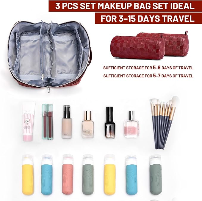 BOYATU Travel Makeup Bag Organizer: 180°Open-Flat 3 Pcs Make up Bags Set | Large Capacity Holds 10–20 Full-Size Bottles for 3–15 Day Trips Travel Essentials - Cosmetic Toiletry Case Gift Women(Red)