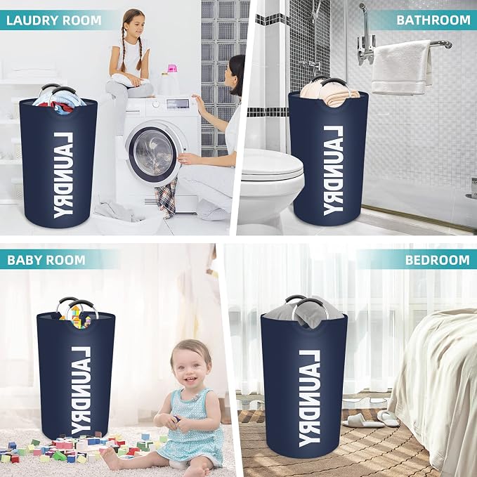 90L Large Laundry Basket, Dirty Clothes Waterproof Laundry Hamper, Blue | Collapsible Laundry Basket with Foam Protected Aluminum Handles for Laundry Dorm Family, Black Dirty Clothes Hamper