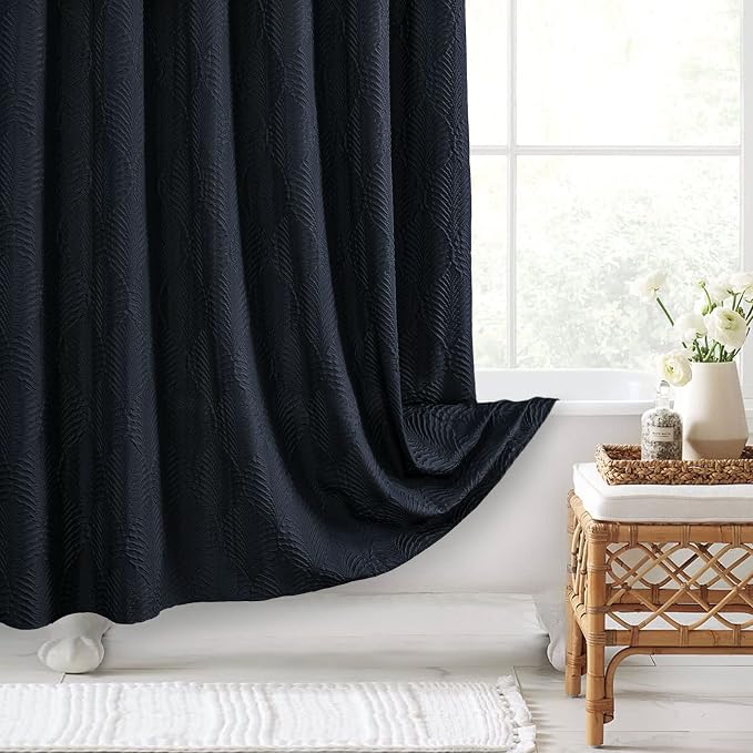 Navy Blue Shower Curtain for Bathroom, 3D Embossed Textured Fabric Shower Curtain, Modern Farmhouse Chic Soft Cloth Shower Curtain Set with Hooks, 72x72