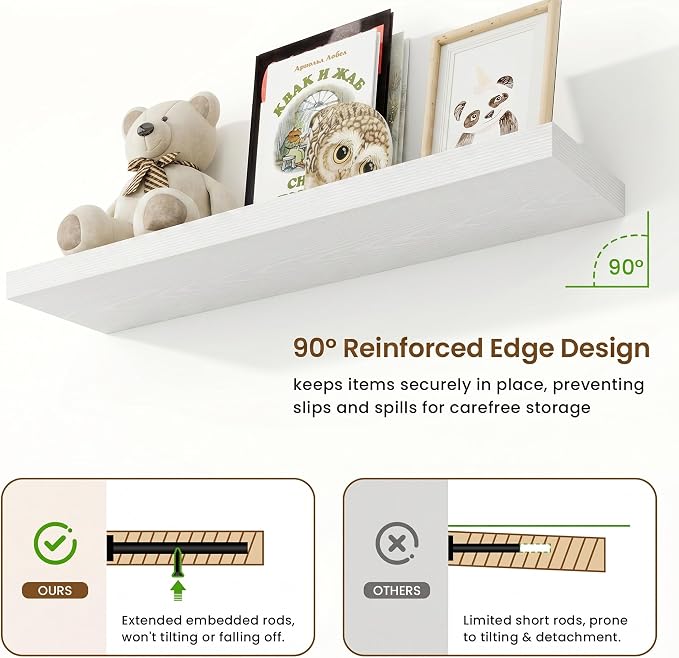 Marsmiles 9.25in Depth 40in Floating Shelves, 40x9.25x1.4, White, Set of 2 | Wall Mounted Engineered Wood Shelves, Invisible Brackets for Living Room, Bedroom, Bathroom, Kitchen Decor and Storage
