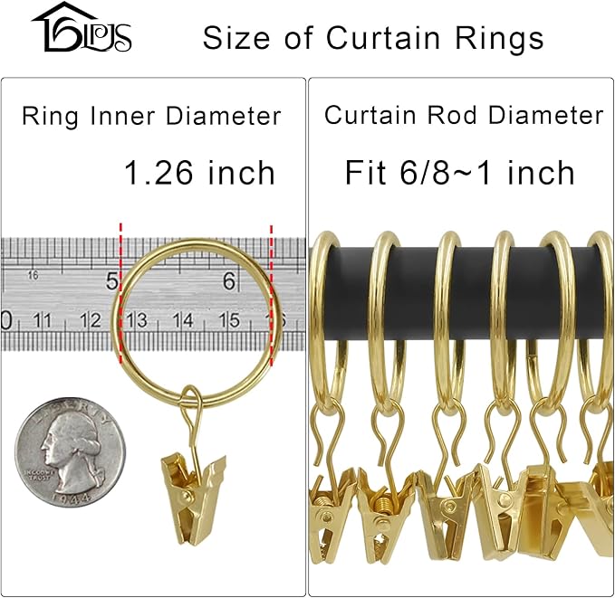 LLPJS 40 Pack Curtain Rings with Clips, Curtain Clip Rings Hooks, Bow Hanger Clips for Hanging Drapery Drapes Bows, Ring 1.26 inch Interior Diameter, Fits up to 1" Rod, Gold