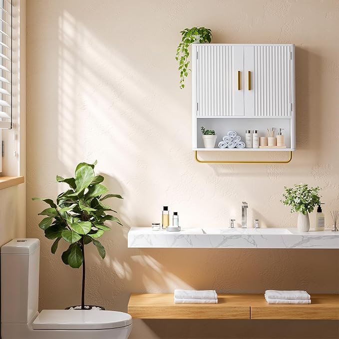 Bathroom Wall Cabinet, Medicine Cabinet with Fluted Door & Adjustable Shelf | Over The Toilet Storage Cabinet with Towel Bar, Space-Saving Cabinet Wall Mount for Laundry Room, Kitchen, Living Room