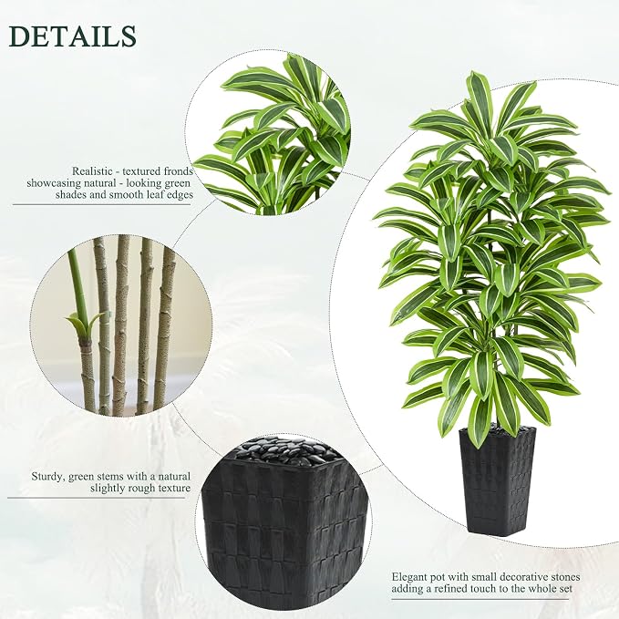 Artificial Yellow Dracaena Tree Indoor, 6FT Tall Fake Floor Plants with Black Planter & Pebbles, Faux Silk Yucca Tree for Home Office Living Room Bedroom Farmhouse Modern Outdoor Topiary Tree