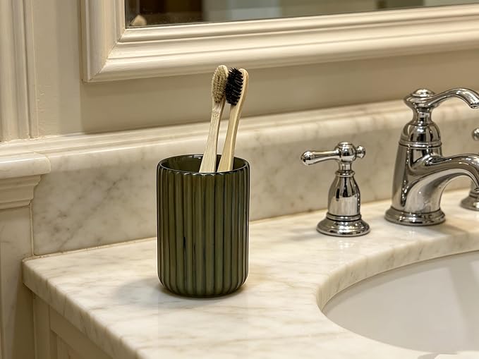 Stoneware Toothbrush Holder for Bathroom Tooth Brush Holder for Bathroom Toothbrush Cup Toothbrush Holders Cute Fluted Vertical Ribbed Stripe (Retro Green)