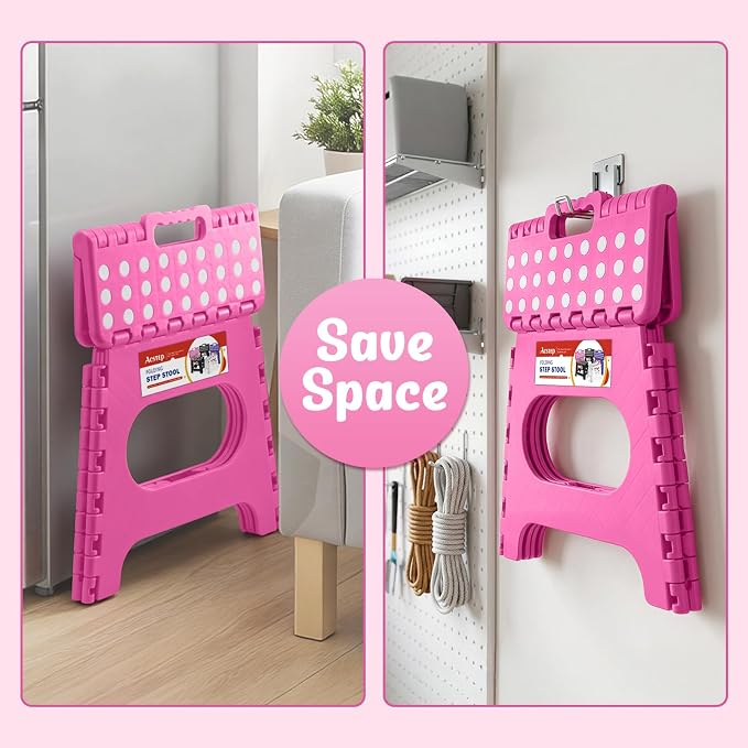 11" Folding Step Stool for Kids and Adults, Holds 300 lb, Rose red | Heavy Duty Collapsible Foot Stool, Lightweight with Built-in Handle, Non-Slip for Adults Kitchen Bathroom Bedroom Outdoor