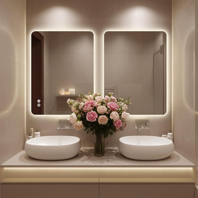 36''x24'' Lighted Mirrors for Bathroom Wall Backlit Rectangular Rounded Corners, LED Bathroom Mirror Frameless with Lights Anti Fog, Dimmable, 3 Colors,Tempered Glass, Shatter-Proof (Color 2)