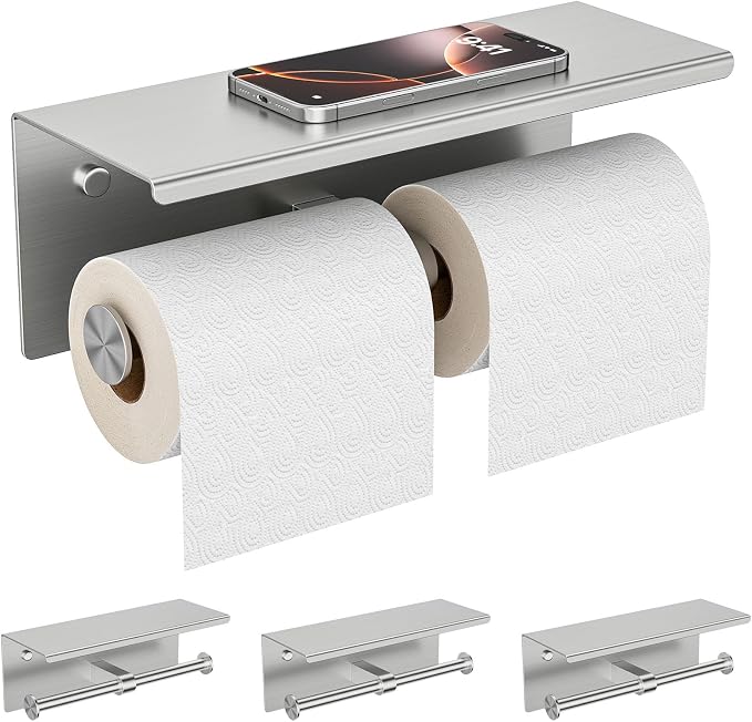 FORIOUS Toilet Paper Holder with Shelf, Commercial Toilet Paper Dispensers | Brushed Nickel 4 Pack | Wall Mount Bathroom Tissue Holder | SUS304 Stainless Steel Rustproof | Double Tissue Roll Holder