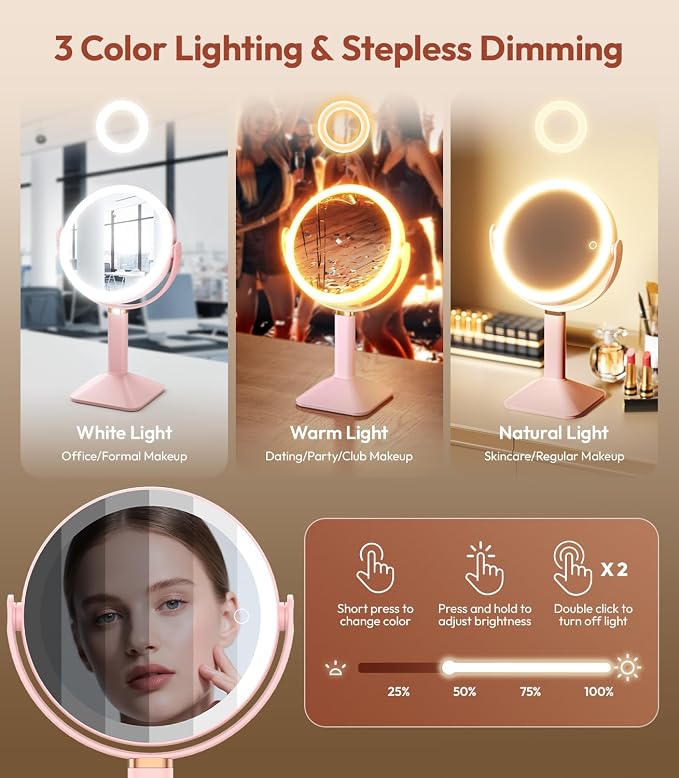 Lighted Makeup Mirror with Lights and Magnification 30X/1X, Height Adjustable 30X Magnifying Vanity Mirror with 4000mAh Battery & 3 Colors Dimming Light for Desktop Bathroom Bedroom (Pink)