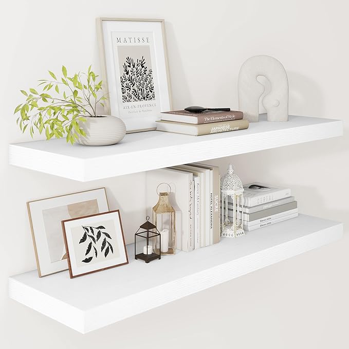 Vivelove Deep Floating Shelves 36x12” Set of 2, White | Easy Install With Hardware, 2" Thick, Invisible Brackets, Wall Mounted, No Sagging, For Any Room