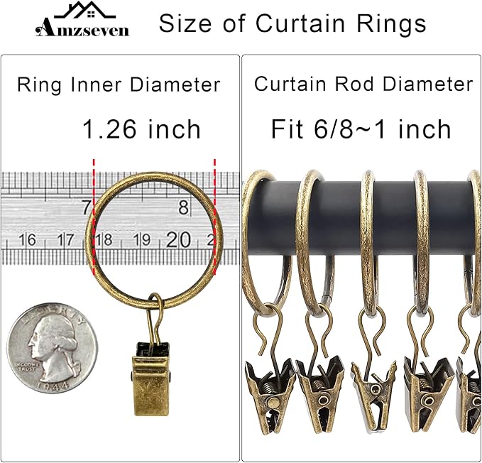 40 Pack Curtain Rings with Clips, Drapery Clips with Rings, Drapes Rings 1.26 in Interior Diameter, Fits up to 1 in Curtain Rod, Bronze