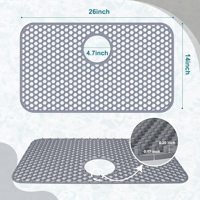 Bestjing Silicone Sink Protectors for Kitchen Sink with Rear Drain - 26"x 14" Kitchen Protector Accessory, Non-Slip Heat Resistant Grid Mat for Bottom of Farmhous Peorcelain Stainless Steel(Rear Hole)