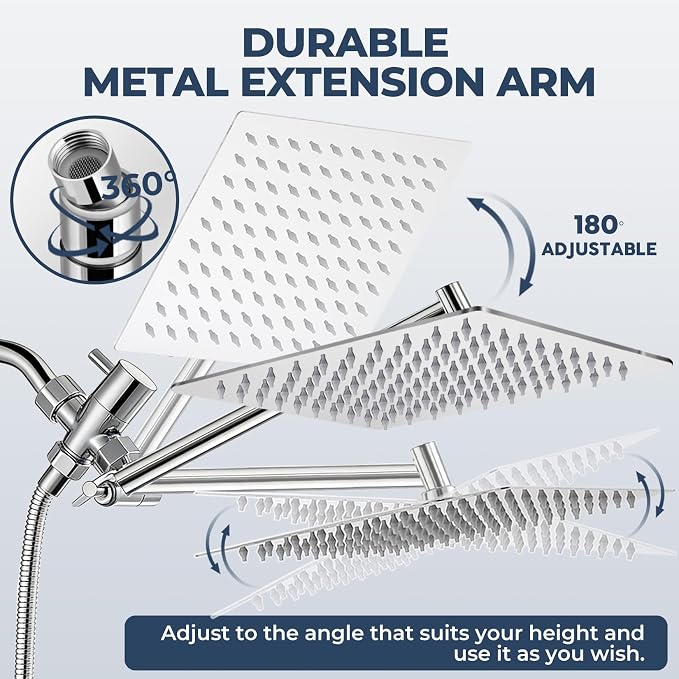 Shower Head, Rain Shower Head with Handheld Spray Combo, 8 Inch Adjustable High Pressure Rainfall Shower Head, Dual Showerhead Set with Extension Arm