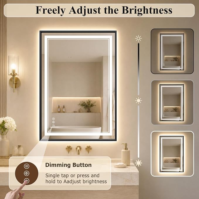24"x36" LED Bathroom Mirror with Lights, Backlit + Front Lit, Anti-Fog | Lighted Bathroom Mirror with One-Piece Aluminum Alloy Frame, HD Shatterproof Tempered Glass, Dimmable, Memory Function
