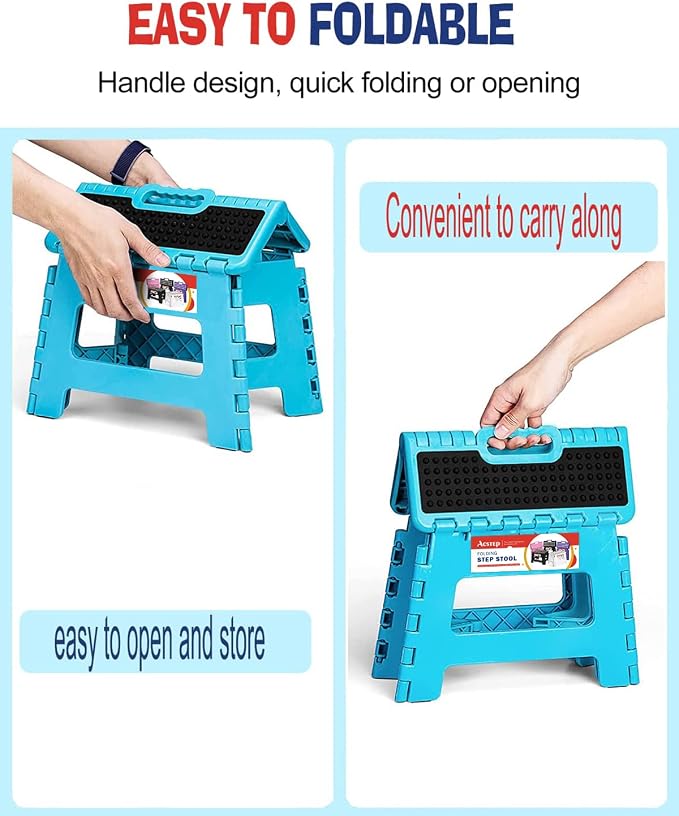 Folding Step Stool 9 Inch, Non-Slip Surface Stool for Kids, Dot Blue | Heavy Duty Foldable Stools, Lightweight, Holds 300 lb, for Toddler Kitchen Bathroom Bedroom Outdoor, Collapsible with Handle