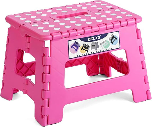 Delxo 9 Inch Kids Step Stool,300 Lbs Folding Step Stool for Toddler Pink | Foldable Step Stool,Non-Slip Foot Stools with Handle, Lightweight Collapsible Stool for Kitchen,Bathroom,Bedroom,Garden