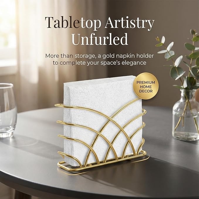 Napkin Holder for Table, Gold Iron Upright Paper Dispenser Caddy | Dinner Napkins, Lunch Napkins & Table Decor