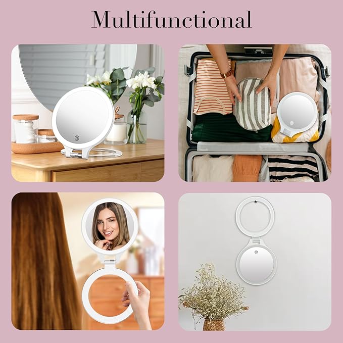 Travel 30X/1X Magnifying Mirror with Light Double Sided Mirror | Rechargeable Lighted Makeup Mirror with 3 Color Setting & Stepless Dimming, Adjustable LED Vanity Mirror